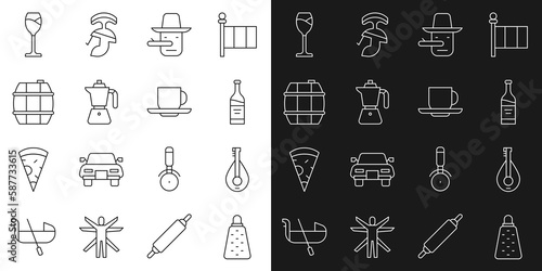 Set line Grater, Mandolin, Bottle of wine, Pinocchio, Coffee moca pot, Barrel for, Wine glass and cup icon. Vector