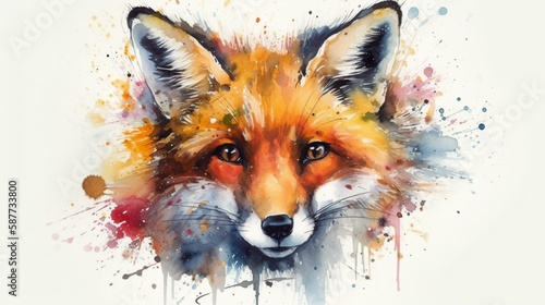 Illustrate a vivid and lifelike watercolor painting of a curious fox on a white background, using dynamic brushstrokes and bold colors to convey its playful spirit and inquisitive Generative AI