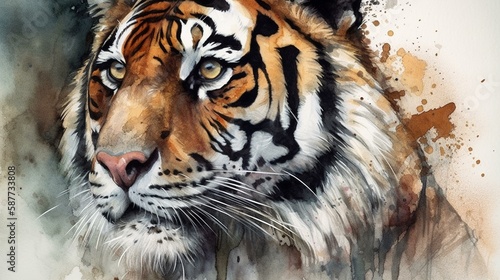 Paint a stunning and lifelike watercolor portrait of a majestic tiger on a white background, using bold strokes and vivid hues to convey its power and intensity Generative AI