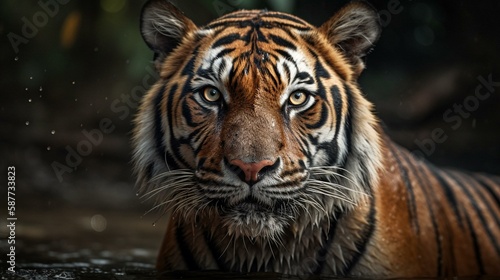 Capture the striking beauty of a tiger in its natural habitat, using bold strokes and contrasting colors to convey its power and intensity Generative AI