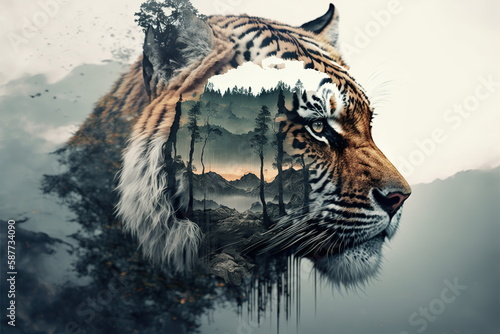 Striped bengal tiger in double exposure merge its head with wondrous lush forest design in background as majestic adventurous wildlife in nature by Generative AI.
