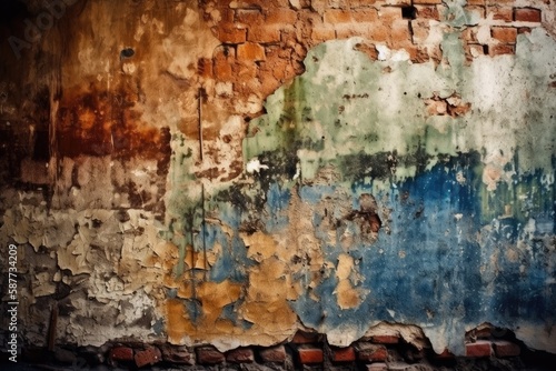 deteriorating brick wall with peeling paint. Generative AI © AkuAku