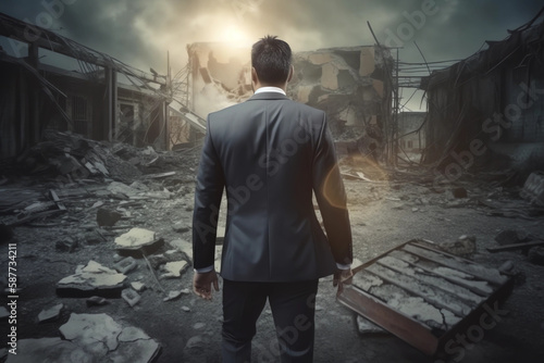 Businessman lost his Business, Destroyed, Polluted, Man from behind, new Chapter