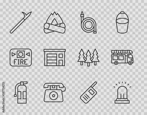 Set line Fire extinguisher, Ringing alarm bell, hose reel, Telephone call 911, Metal pike pole, Building of fire station, Walkie talkie and truck icon. Vector