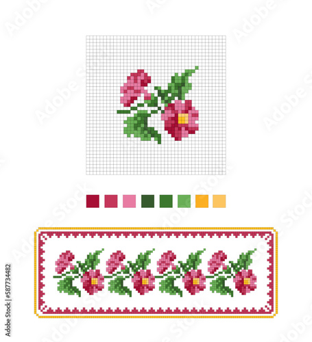 Pattern for floral embroidery. Cross stitch flower. Cartoon flat style. Vector illustration  