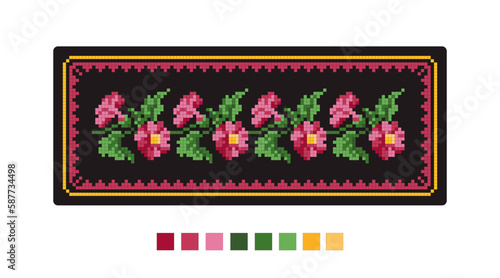 Cross stitch design with floral pattern. Cartoon flat style. Vector illustration