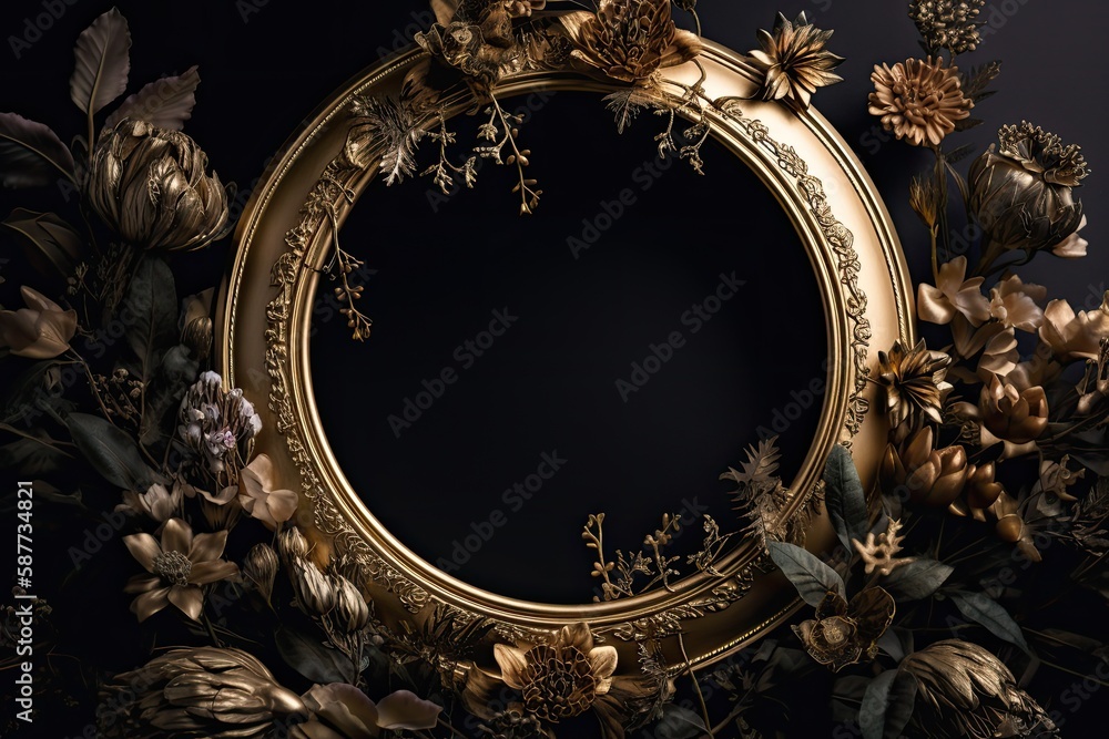 Luxury abstract background, golden-black floral arrangement in a bright baroque circular frame, black backdrop. Generative AI technology - obrazy, fototapety, plakaty 
