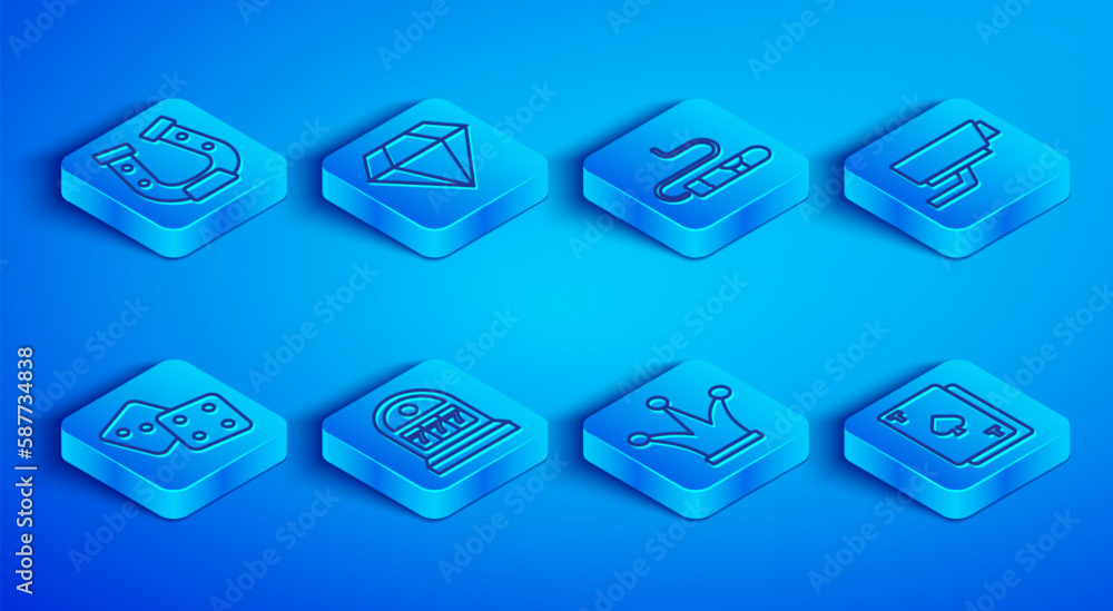 Set line Horseshoe, Diamond, Cigar, Slot machine with jackpot, Joker playing card, Security camera, Game dice and Playing spades icon. Vector Set line Horseshoe, Diamond, Cigar, Slot machine with jackpot, Joker playing card, Security camera, Game dice and Playing spades icon. Vector