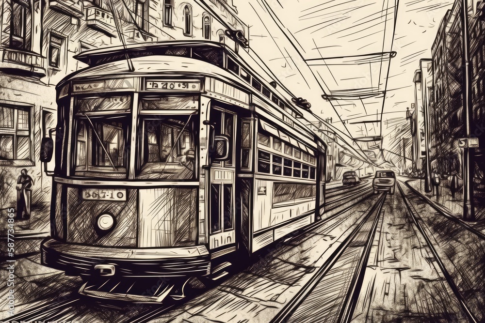 vintage trolley car on a bustling city street. Generative AI