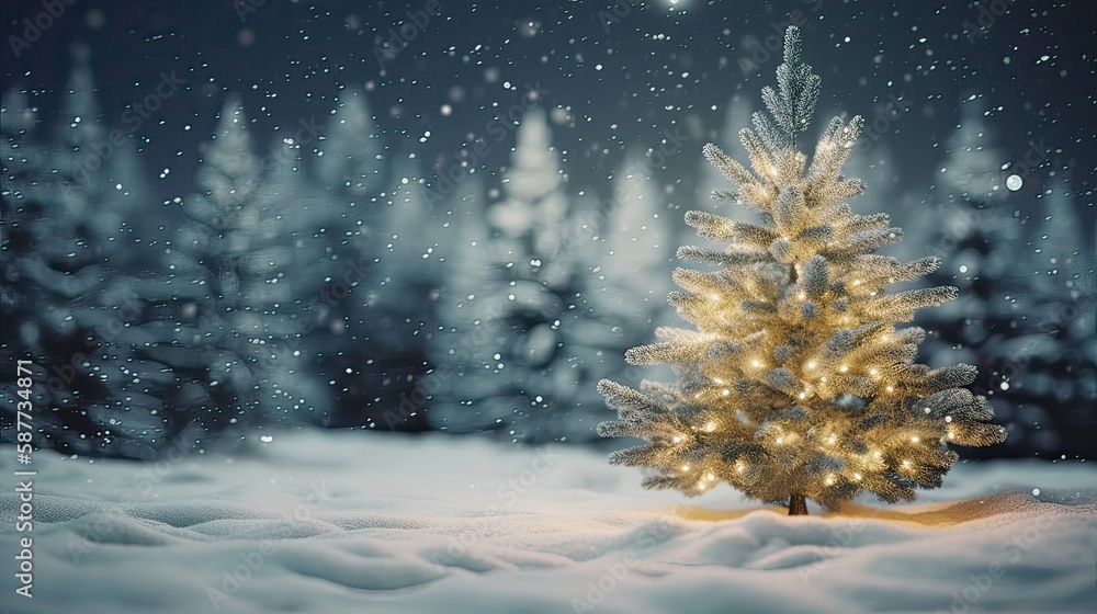 Christmas tree and Christmas lights on abstract snowy landscape background, Xmas background concept with advertising space. Generative Ai. Christmas tree and Christmas lights on abstract snowy landscape background, Xmas background concept with advertising space. Generative Ai.