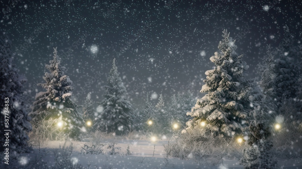 Fototapeta premium Christmas tree and Christmas lights on abstract snowy landscape background, Xmas background concept with advertising space. Generative Ai.