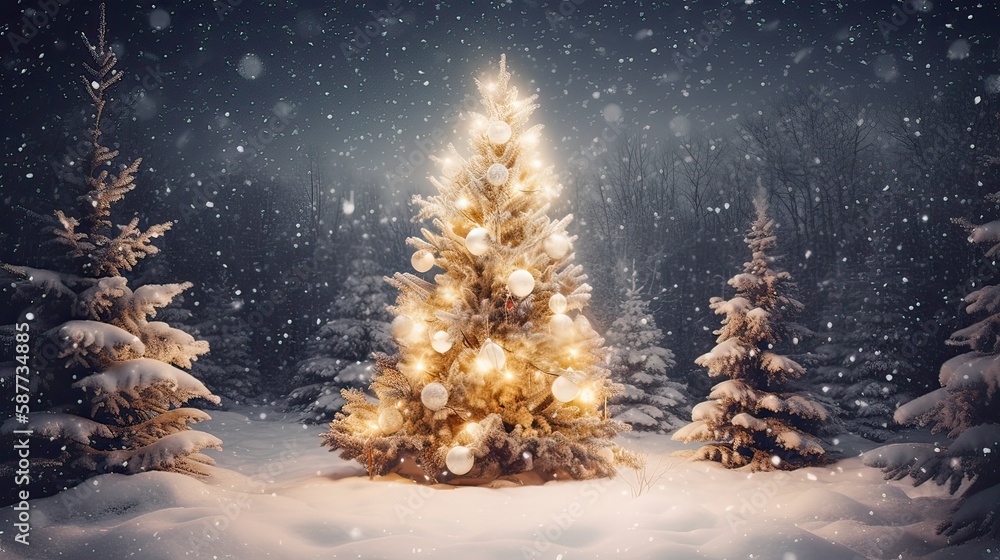 Christmas tree and Christmas lights on abstract snowy landscape background, Xmas background concept with advertising space. Generative Ai.