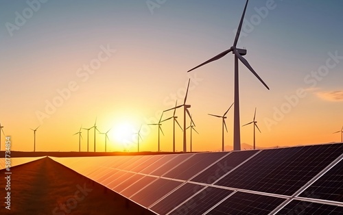 Wind turbine and solar panels at sunset. Generative AI technology.