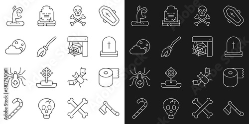 Set line Wooden axe  Toilet paper roll  Tombstone with RIP written  Skull crossbones  Witches broom  Moon and stars  Zombie hand and Spider web icon. Vector