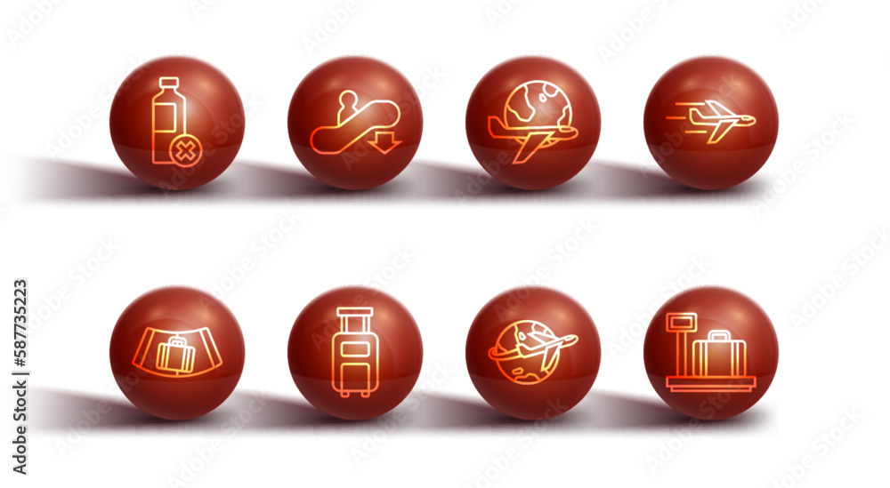 Set line No water bottle, Conveyor belt with suitcase, Plane, Globe flying plane, Suitcase, Escalator down, Scale and icon. Vector Set line No water bottle, Conveyor belt with suitcase, Plane, Globe flying plane, Suitcase, Escalator down, Scale and icon. Vector