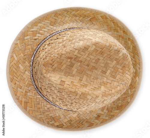 Gardening wicker straw hat, top view isolated on white background with clipping path, spring concept for home gardening or vegetable garden and plant care.
