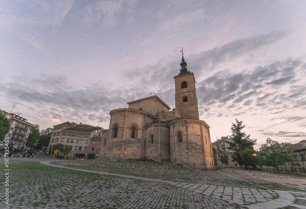 Perspective of the Church of San Millán Segovia at sunset, Spain.