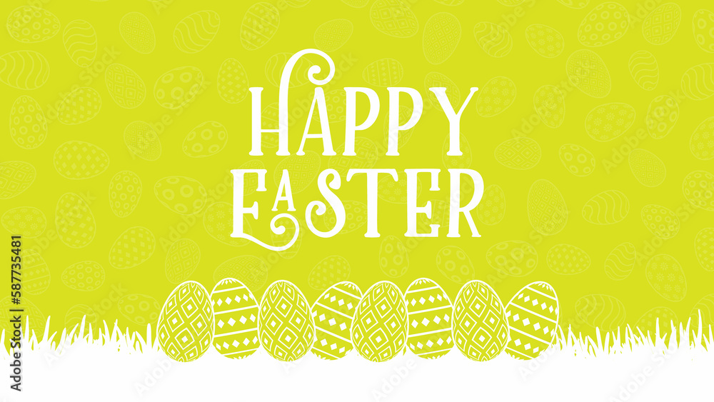 Green Color Easter web digital banner with cloud background and has space to write. bunny rabbit, eggs flowers, white clouds, spring border frame. Happy Easter card.