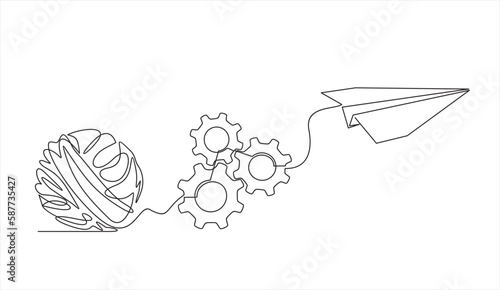 Chaos, gears and paper plane, abstract concept vector illustration. Metaphor of disorganized difficult problem found solution, mess with single continuous tangle thread in need of unraveling.