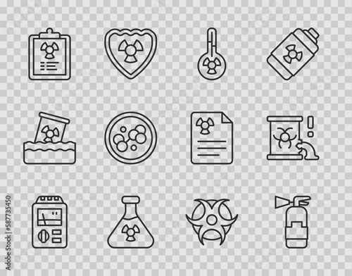 Set line Dosimeter, Fire extinguisher, Meteorology thermometer, Test tube radiation, Radiation warning document, Molecule, Biohazard symbol and Radioactive waste barrel icon. Vector