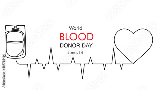 World blood donor day. June,14. One continuous single line of blood donation bag with tube shaped a pulls and heart isolated on white background.