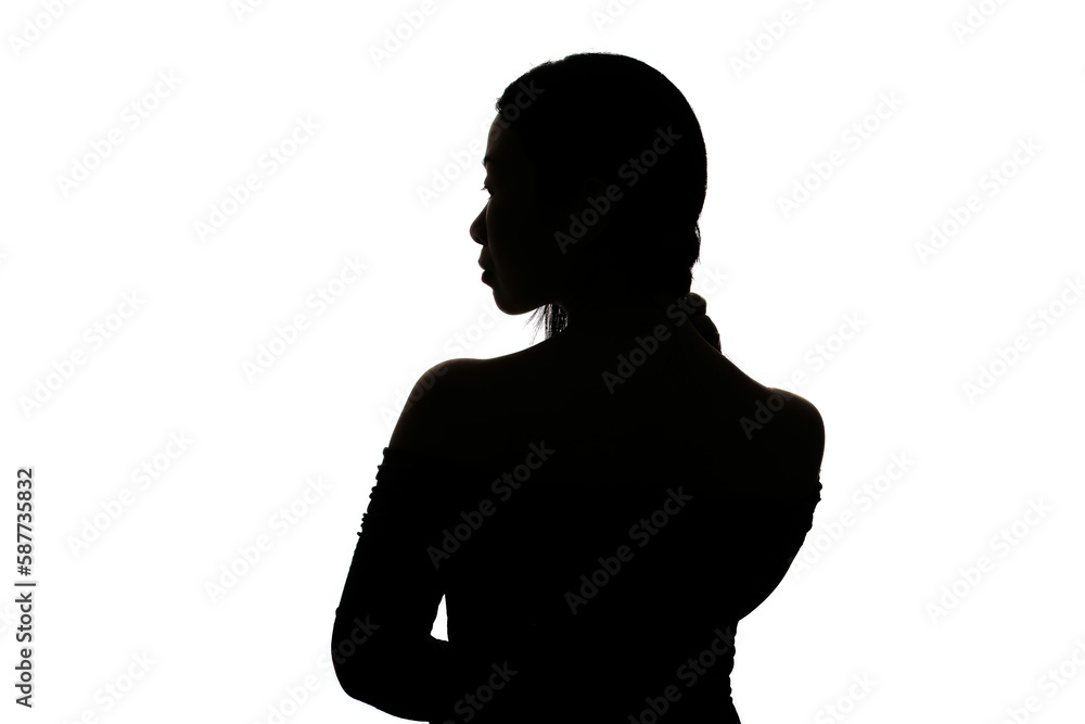 Black backlit silhouette of head and shoulders of an oriental woman from back view outlined by light Black backlit silhouette of head and shoulders of an oriental woman from back view outlined by light