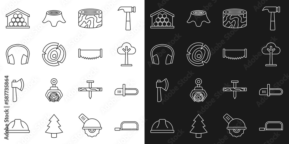 Set line Hacksaw, Chainsaw, Tree, stump, Wooden logs, Headphones, and Two-handed icon. Vector