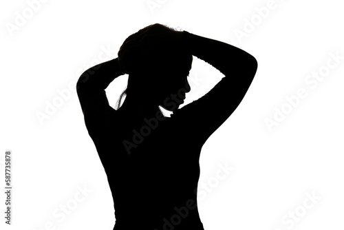 Photography Black backlit silhouette of head and shoulders of an oriental woman from back vi
