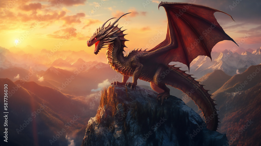 dragon on mountain peak, roaring fire, sunset backdrop, sharp claws
