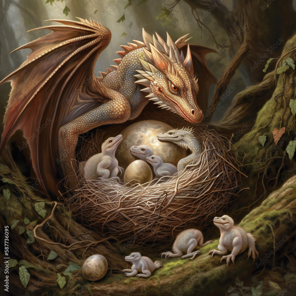 dragon family scene, hatchlings, fire breath, tender moment, fantasy wildlife, generative AI