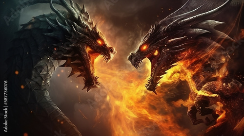 fiery dragon and knight battle  intense flames  ancient legend  mythical clash  generative AI