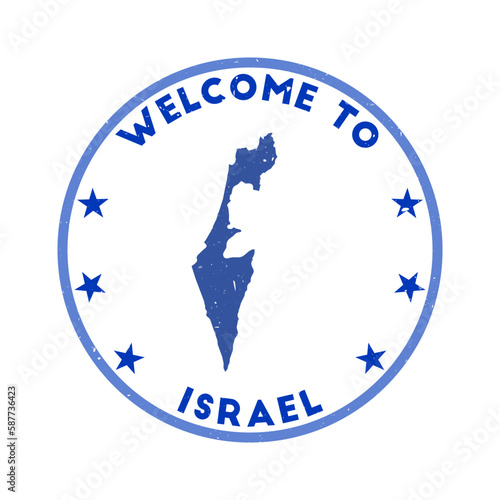 Welcome to Israel stamp. Grunge country round stamp with texture in blue screen of death color theme. Vintage style geometric Israel seal. Cool vector illustration.