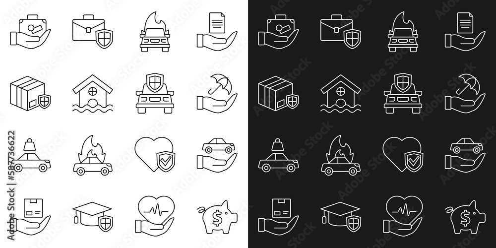 Set line Piggy bank, Car insurance, Umbrella hand, Burning car, House flood, Delivery security with shield, Travel suitcase and icon. Vector