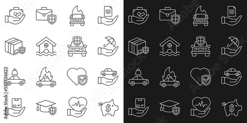 Set line Piggy bank, Car insurance, Umbrella hand, Burning car, House flood, Delivery security with shield, Travel suitcase and icon. Vector