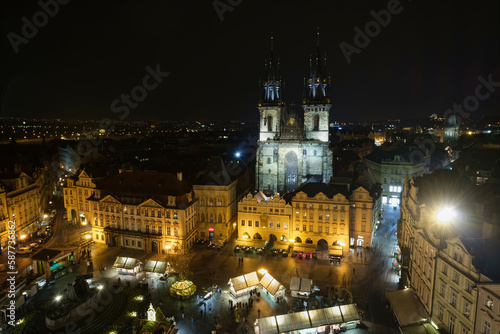 Night time panoramic view of the Jan Hus monument and Church of Our Lady before Týn in the Old Town Square of Prague, Czech Republic