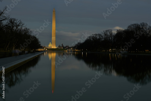 Sunset view of Washington Monument and Capitol building reflections in the Lincoln Memorial Reflecting Pool, Washington, USA