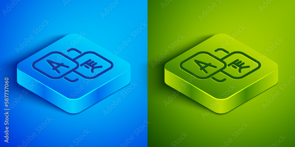 Isometric line Translator icon isolated on blue and green background. Foreign language conversation icons in chat speech bubble. Translating concept. Square button. Vector Isometric line Translator icon isolated on blue and green background. Foreign language conversation icons in chat speech bubble. Translating concept. Square button. Vector