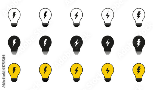Light bulb and lightning icon vector. Power idea, lighting bolt bulb. Fast or quick idea lamp icon flat. EPS 10