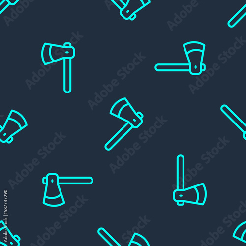 Green line Wooden axe icon isolated seamless pattern on blue background. Lumberjack axe. Vector