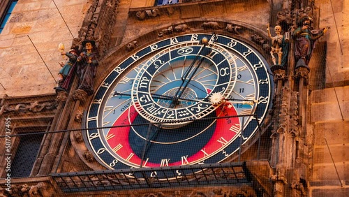 Prague Astronomical Clock in the Old Town of Prague. Timelapse scene of the clock moving through time. 