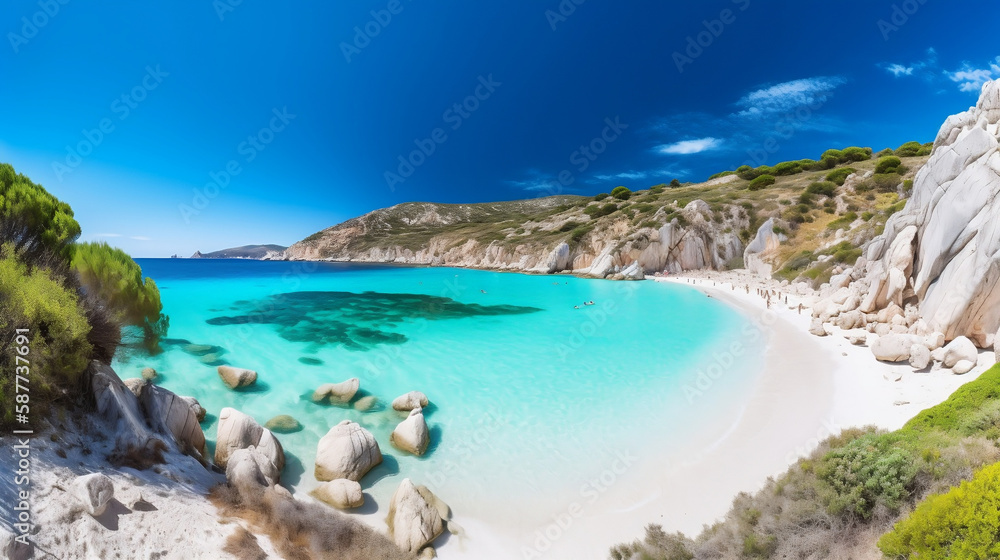 The ethereal beauty of the white cliffs and turquoise waters of Cala Luna Beach in Sardinia, Italy, with its pristine beaches and clear waters 