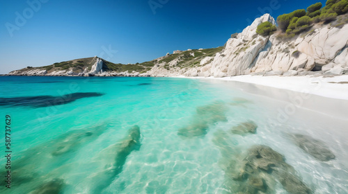 The ethereal beauty of the white cliffs and turquoise waters of Cala Luna Beach in Sardinia, Italy, with its pristine beaches and clear waters 