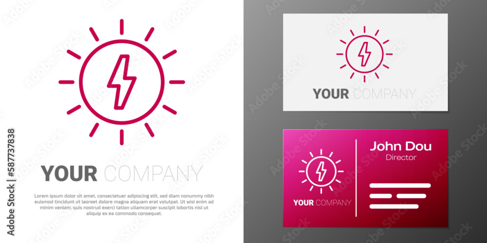 Logotype line Solar energy panel icon isolated on white background. Sun with lightning symbol. Logo design template element. Vector