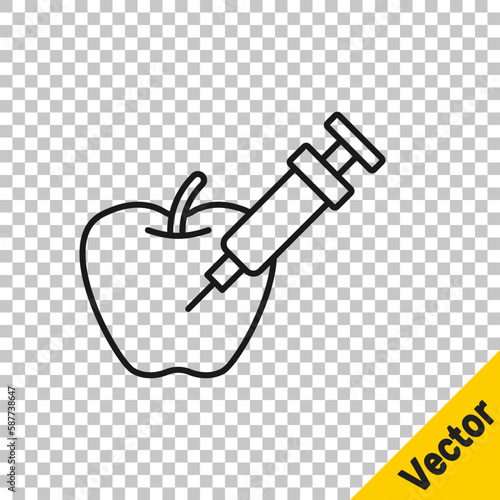 Black line Genetically modified apple icon isolated on transparent background. GMO fruit. Syringe being injected to apple. Vector