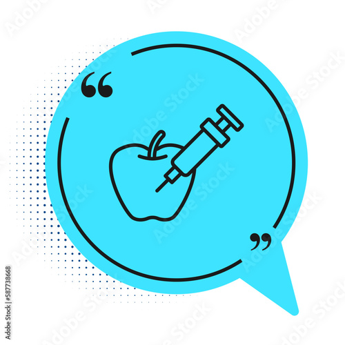 Black line Genetically modified apple icon isolated on white background. GMO fruit. Syringe being injected to apple. Blue speech bubble symbol. Vector