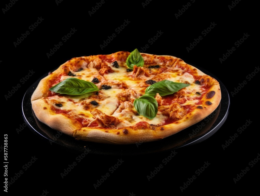 Delicious Italian Pizza Isolated on Black Background - Generative AI Delicious Italian Pizza Isolated on Black Background - Generative AI