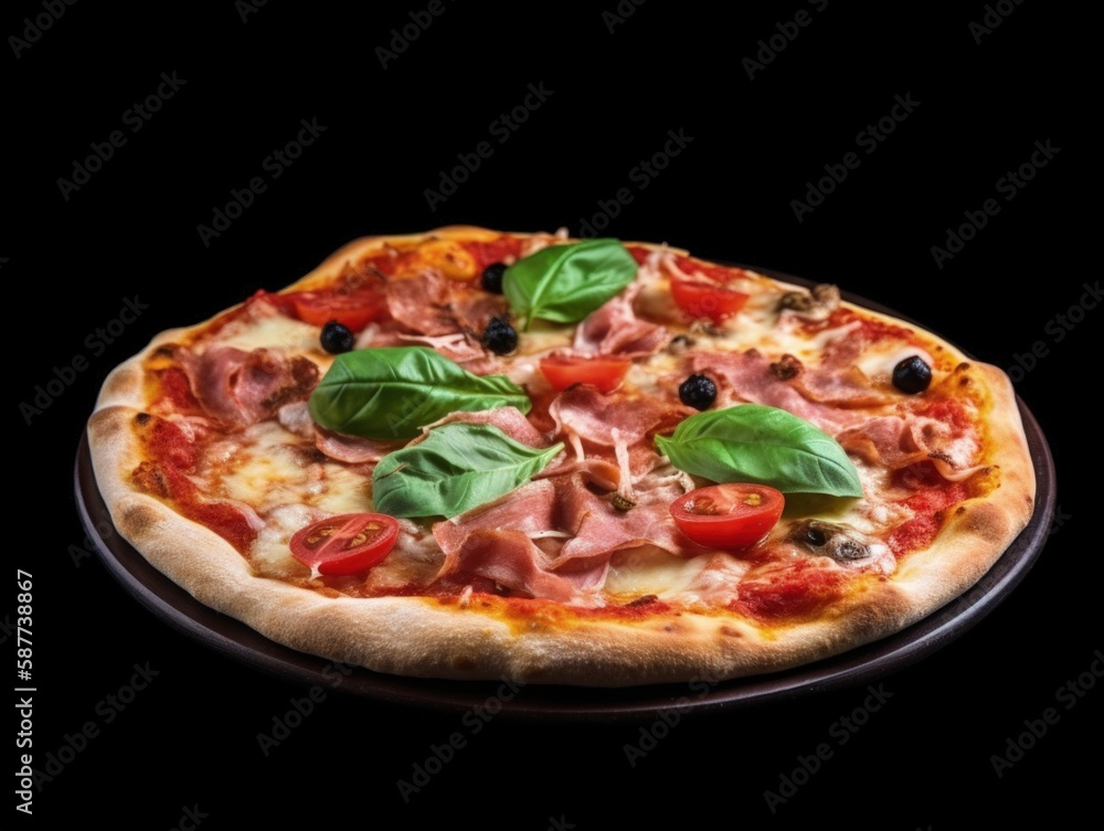 Delicious Italian Pizza Isolated on Black Background - Generative AI