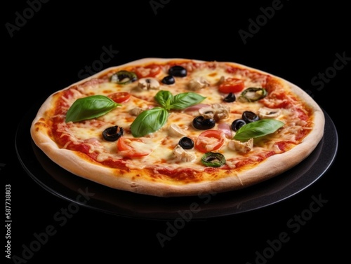 Delicious Italian Pizza Isolated on Black Background - Generative AI