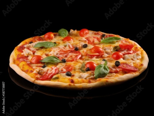 Delicious Italian Pizza Isolated on Black Background - Generative AI