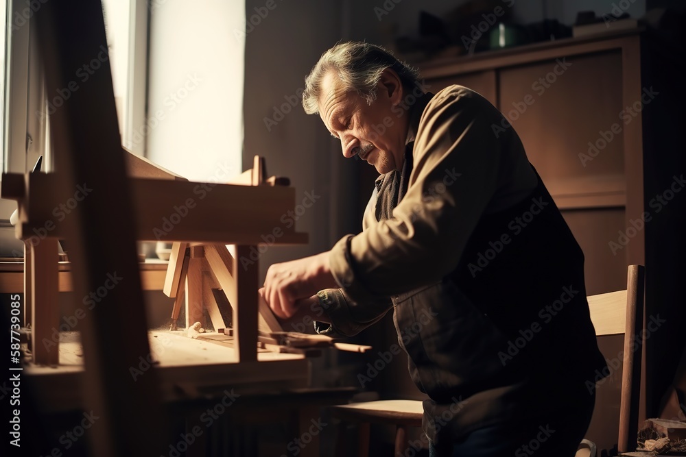 Mature man assembling parts of wooden chair in her carpentry workshop. Generative AI
